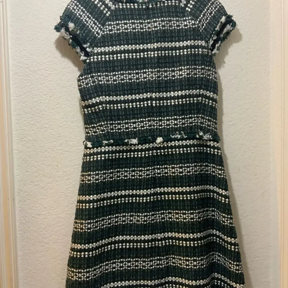 TORY BURCH Norfolk Green Black/Green Tweed Cap Sleeves A-line Sequin Dress $395